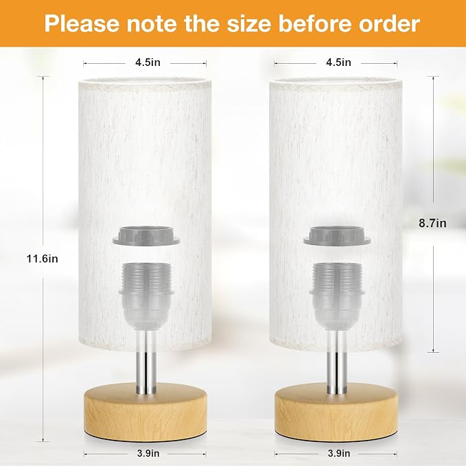 Table Lamps Set of 2 （Cream Shade - Wood Base, 11.6" Inline Control） | Bulb not Included | Small Lamps for Bedroom | Desk Lamp for Reading | for Living Room | for Dorm | Linen Shade