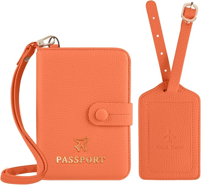 Passport Holder RFID Protected Wallet and Luggage Tag with Protection Cover Travel Accessories Leather Card Case Organizer for Women Men (Orange)