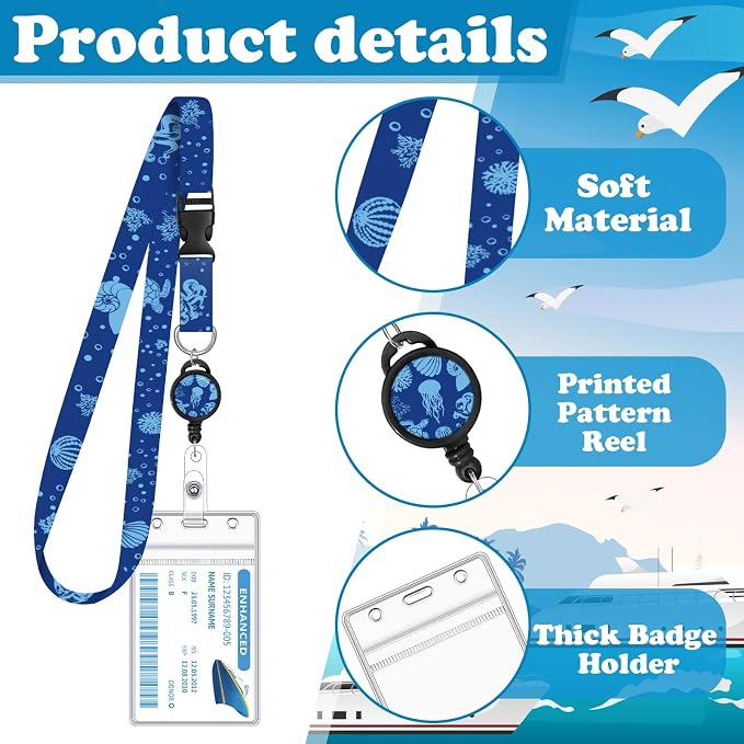 HONSIO 4 Pack Cruise Lanyard for Ship Cards, Cruise Essentials 2026, Ocean | Detachable, Retractable Badge Reels & Waterproof ID Badge Holders, Cruise Must Have for Carnival, Royal Caribbean, NCL