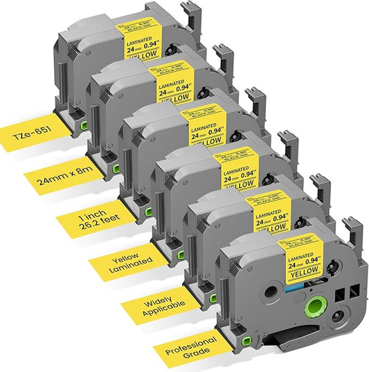 Freshworld 6PK TZe-651 Replace for Brother Label Maker Tape 24mm Yellow Laminated Compatible with Brother P-Touch Label Tape 1 inch Yellow Refills TZe651 for PT-D600 D610BT P700 P710BT P750W P910BT