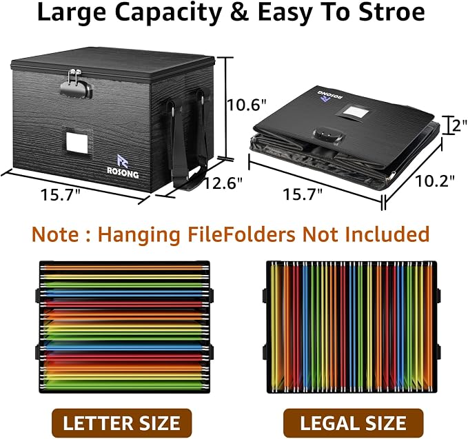 ROSONG Fireproof Document Box File Organizer - Portable Locking Filing Storage Box with Handle Waterproof for Hanging Letter/Legal Folder Important Document