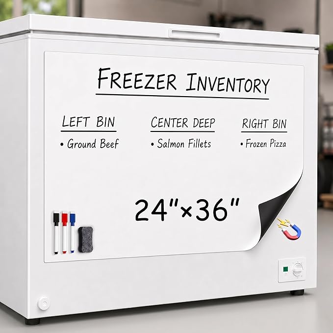 Magnetic Whiteboard Sheet for Freezer: Large Food Inventory Tracker | Oversized Cut-to-Fit Dry Erase Surface for Bulk Groceries - 36" x 24" Fridge Organizer Covers Old Appliance Surfaces