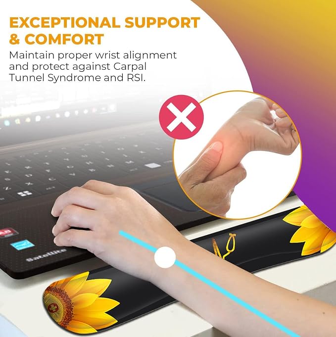 Ergonomic Wrist Protection Mouse Pad Wrist Guard and Keyboard Wrist Rest, Non-Slip Rubber Base Mouse Pad Sunflower and ECG Stethoscope Pattern, Personalized Fashionable Black Office Accessories