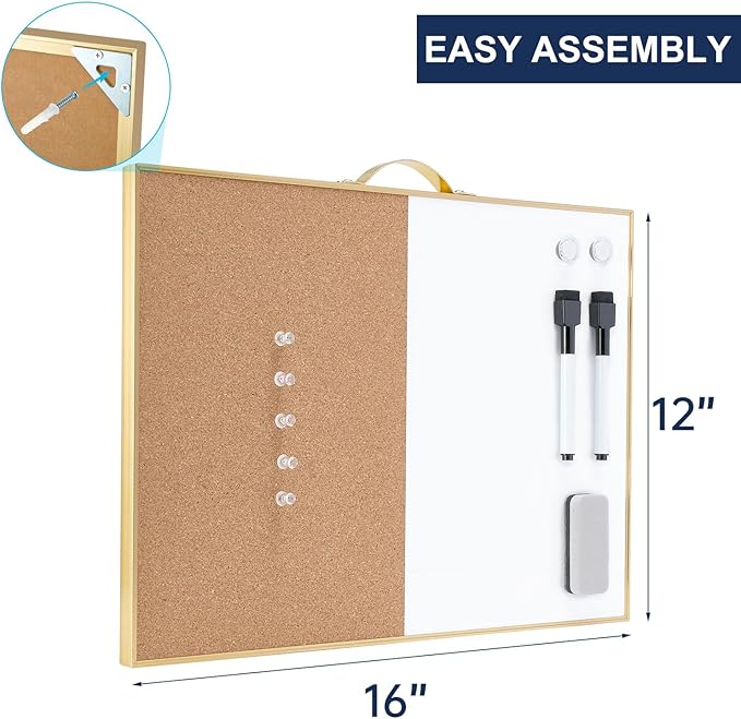 Small Combination Board - 12" X 16" Portable Aluminum Gold Framed Magnetic Dry Erase Board for Wall, Small Bulletin Cork Board with Holder for Office, Home and School