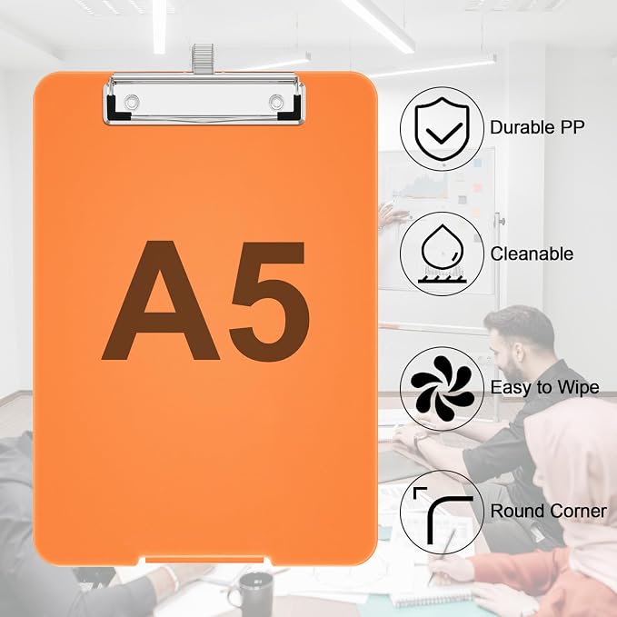 Hongri A5 Clipboard with Storage, Metal Retractable Pen Holder, Orange | 6 x 9'' Nursing Plastic Foldable Clip Board, Size 9.4 x 6.1 x 0.9 in, Menu Box for Work, Office & School Supplies