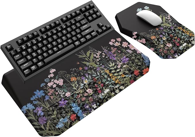 3-in-1 Ergonomic Keyboard Stand with Wrist Rest & Mouse Pad Set, Flower | Comfy Keyboard Riser Holder Soft Mousepad with Massage Design, Memory Foam and Non-Slip PU Base for Pain Relief