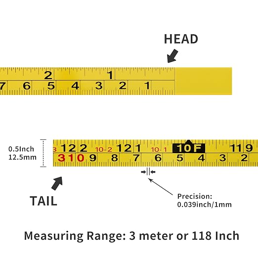 2 Packs Steel Self-Adhesive Measuring Tape, Right to Left Reading | 310cm or 122-Inch Imperial and Metric Tape Measure, 1/2-Inch Peel and Stick Ruler Tape for Woodworking, Saw, Yellow