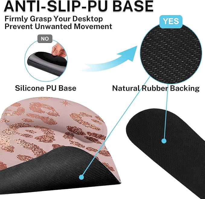 Ergonomic Mouse Pad Set with Wrist Rest, Leopard Rose Gold Pink | Non-Slip Rubber Base Wrist Cushion Support and Coasters Mousepad with Wrist Support for Computer Keyboard