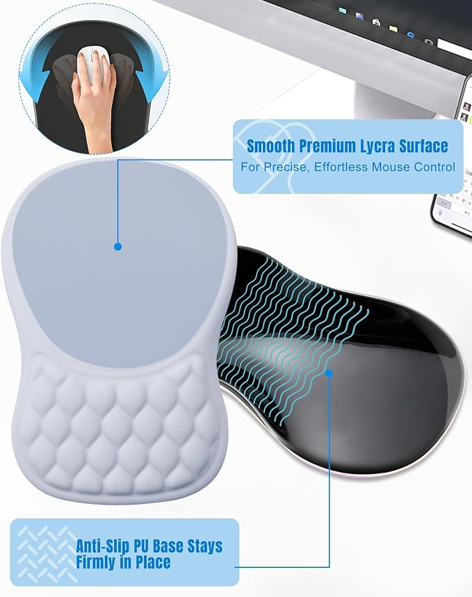 Ergonomic Mouse Pad with Sloped Memory Foam Wrist Rest | 3D Textured Wrist Cushion, Smooth Lycra Surface, Non-Slip PU Base, Comfortable Support for Office/Home Computer Desks