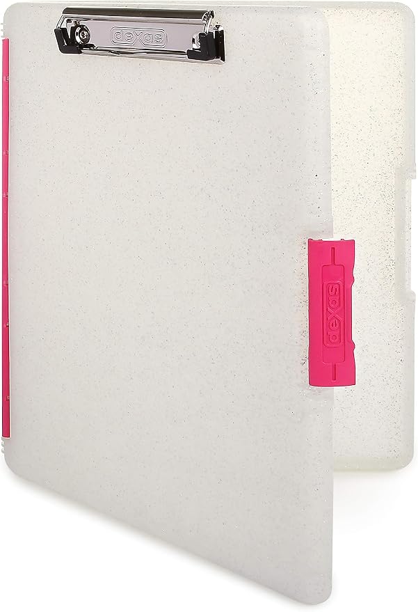 Dexas Slimcase 2 Plastic Clipboard with Storage and Side Opening, Natural Glitter Pink Binding, Office Supplies Clipboards to Organize, A4 Holder, Nursing Clipboards (Pack of 6)