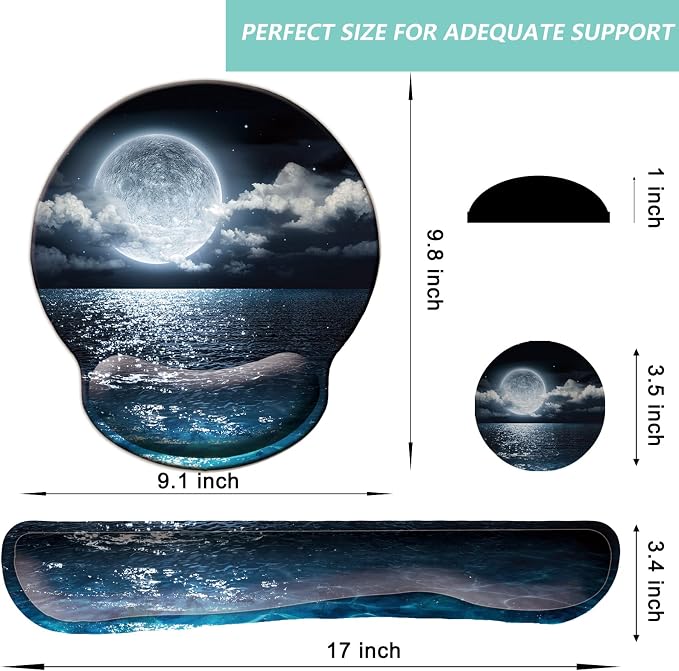 Keyboard Wrist Rest Pad Mouse Pad with Wrist Support Set of 3, Mousepad with Non-Slip Rubber Base, Ergonomic Memory Foam Mouse Wrist Cushion Support for Home Office Laptop Computer, Moonlit Night