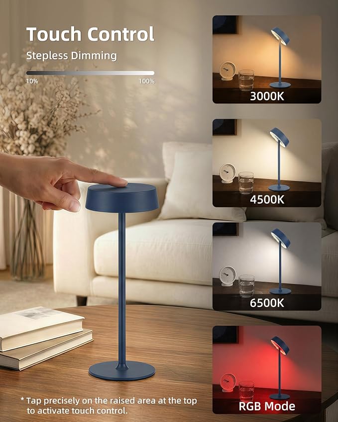 EZVALO Cordless Lamp, Rechargeable Table Lamp, Battery Operated | Portable Outdoor Waterproof, 3 Color Temps RGB, Dimmable Touch Control, LED Memory Function, Restaurant Dining Patio Blue 1Pc