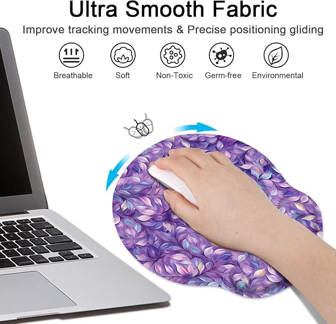 Ergonomic Mouse Pad Set with Wrist Rest, Purple Leaves | Oil Painting Non-Slip Rubber Base Wrist Cushion Support and Coasters Mousepad with Wrist Support for Computer Keyboard