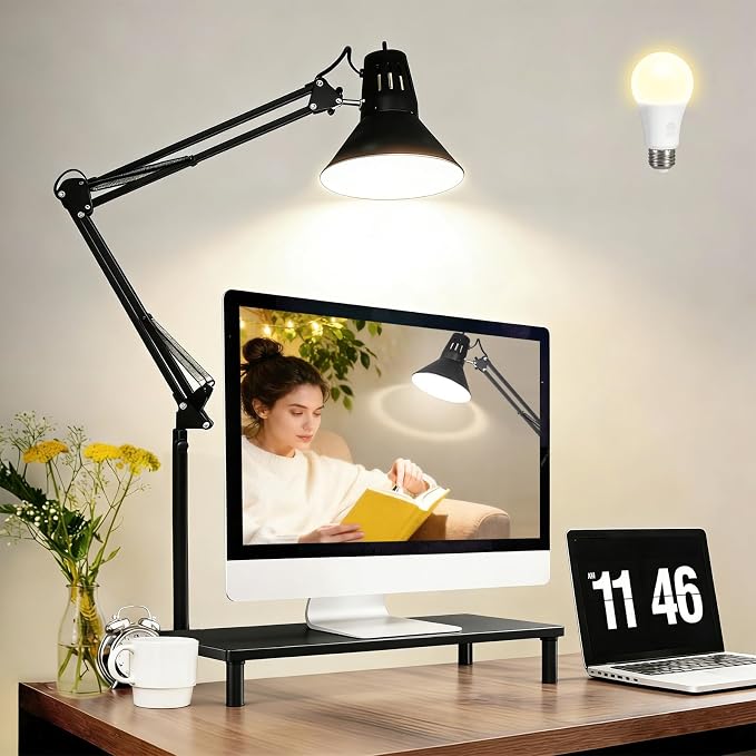Black Desk Lamp with Clamp, Extra-Tall Adjustable Metal Swing Arm, 2 Pack | Manicurist Table Lamp for Nail Work, Drafting, Sewing, Crafting, College Dorm and Home Office, A19 Bulbs Included