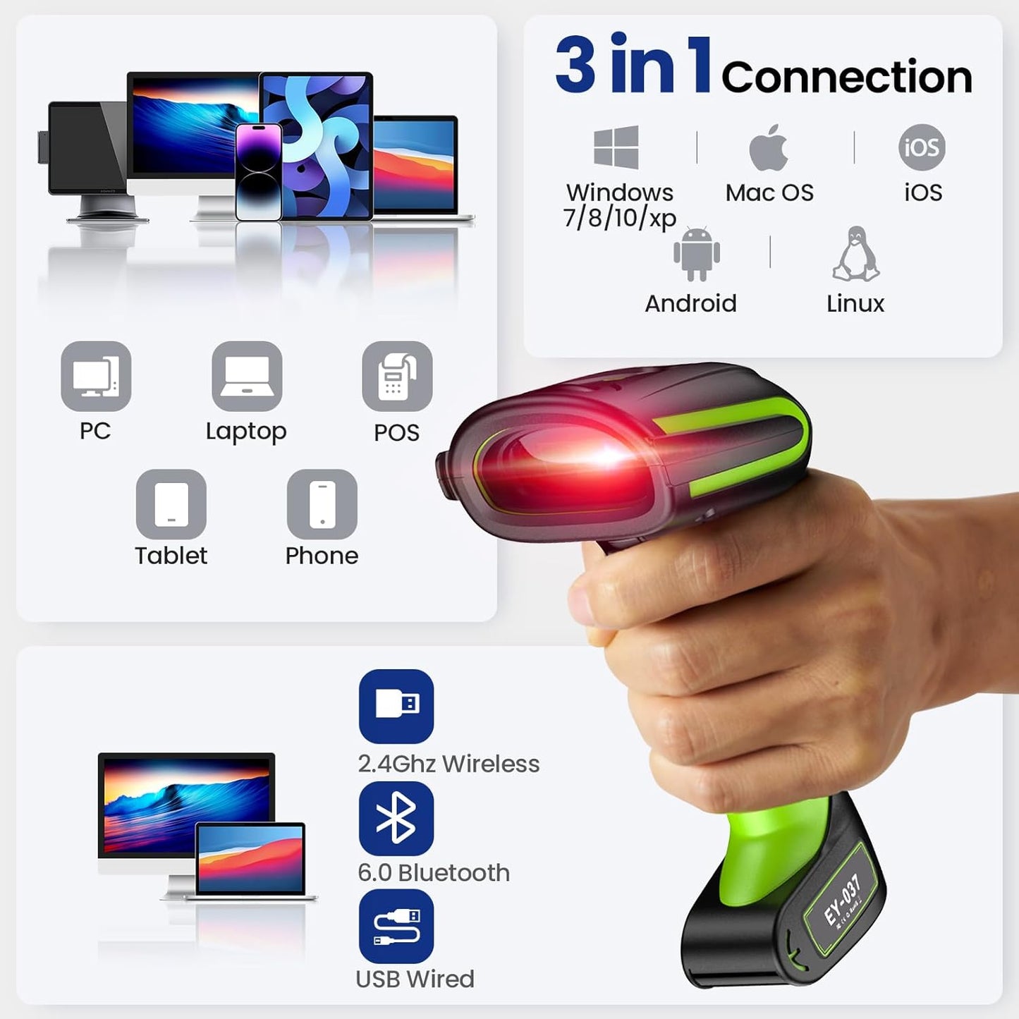 Eyoyo 2D QR Industrial Barcode Scanner with Wireless Charging Stand, Rugged Heavy Duty & IP65 Waterproof 3-in-1 Bluetooth & Wireless & USB Hands-Free Barcode Reader for Laptop Desktop Tablet Android