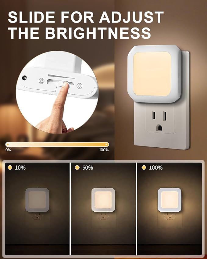 Night Light Plug in 2 Pack - Bedroom for Kids Baby Nursery Adjustable Brightness - 3000K Warm Lights LED Dusk to Dawn Bathroom Hallway Lamp for Toilet