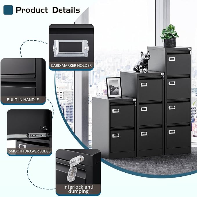 MIIIKO 4 Drawer File Cabinet with Lock, Metal File Cabinets for Home Office,Vertical Filing Cabinets Office Storage Cabinet for Letter,Legal,A4,File Folders(Black)