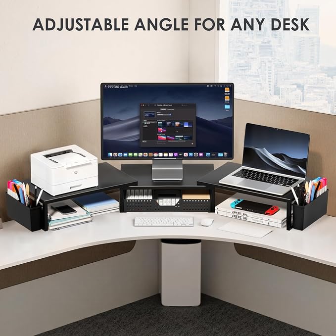 Desk Organizers and Accessories, Dual Monitor Stand Riser with Drawer and 2 Pen Holders, Desk Shelf Computer Racks for Office Workspace Organizers, Desktop Organization (Black)