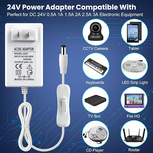 24V 3A Power Supply 72W, 24 Volt DC Power Adapter with On/Off Switch, 110V AC to 24V Transformer Plug with 5.5x2.1mm DC Female Connector for LED Strip Lights