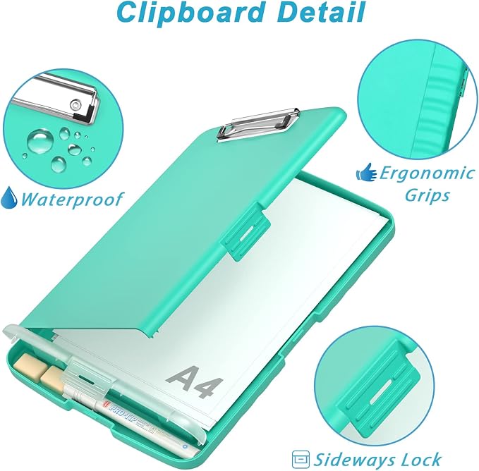Rimilak Clipboard with Storage, 8.5 x 11'' High Capacity Clip Board, Green | Smooth Writing, Side-Opening Plastic Folder with Pen Holder, Size 14.2 x 9.6 x 1.2″ ,for Classroom, Teacher, Student