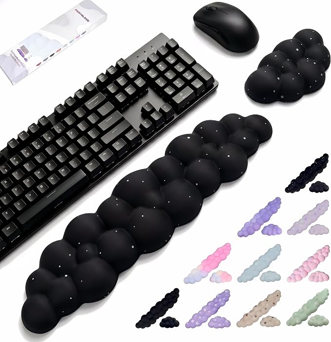 Silky Cloud Wrist Rest Set for Keyboard & Mouse, 16.9", Black Star | Memory Foam Arm Rest with Ergonomic Support Fits Full Keyboards and Reduces Typing Fatigue for Office, Gaming and Home Use