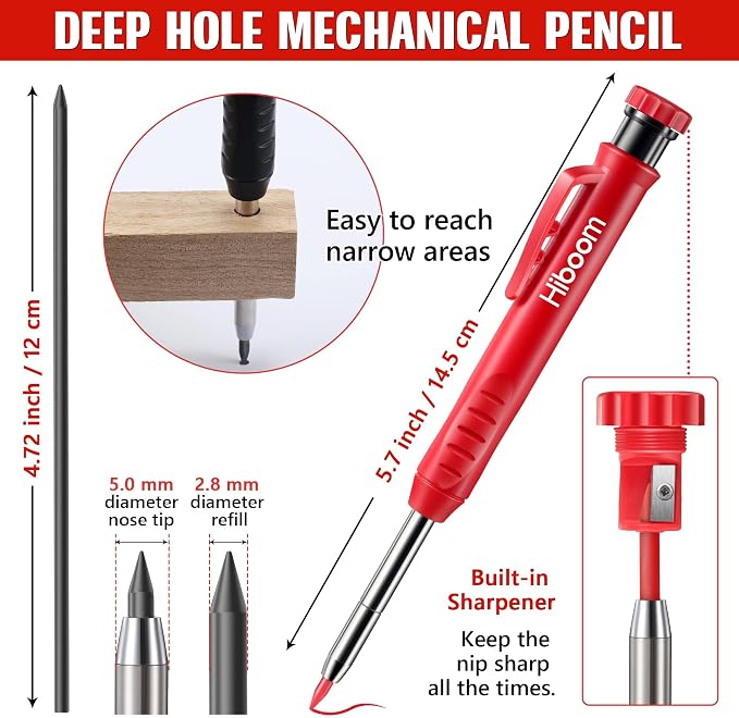 Hiboom 3 Pack Solid Carpenter Pencils with Pencil Cap and 21 Refills | Built-In Sharpener, Long Nose Deep Hole Marking, Protective Belt Caps, Mechanical Construction Pencil, Woodworking Tools