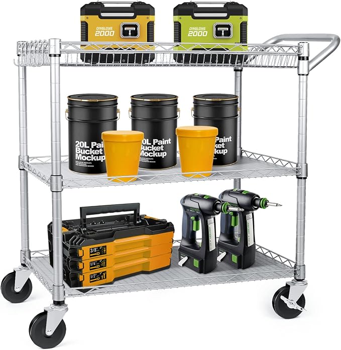 990Lbs Capacity Heavy Duty Rolling Utility Cart, NSF Rolling Carts with Wheels,Commercial Grade Metal Cart with Handle Bar & Shelf Liner,Trolley Serving Cart for Restaurant,Kitchen,Gray