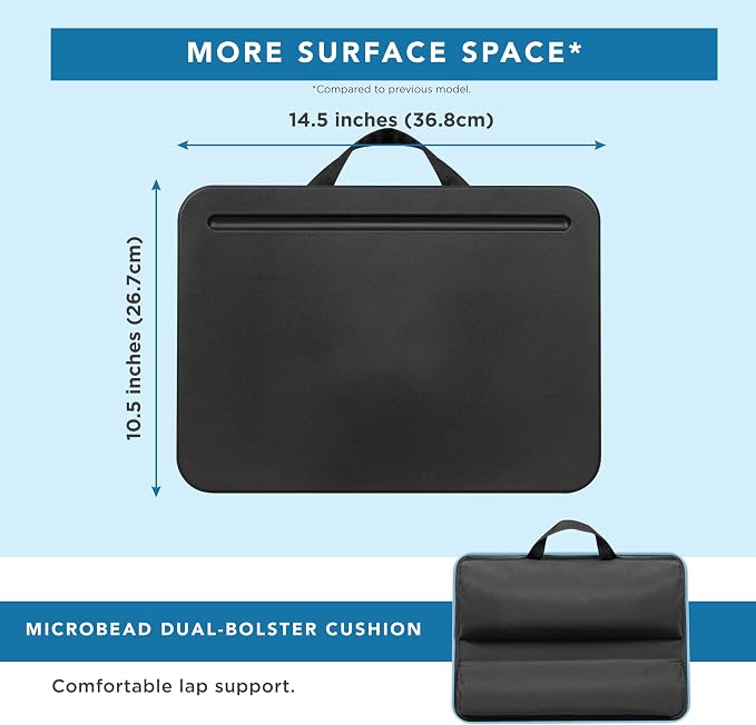 LAPGEAR Compact Lap Desk – Black, Fits 14" Laptops | Microbead Cushion, Built-In Pencil Slot, Carry Handle, Fits Standard Letter-Size Paper (8.5" × 11")