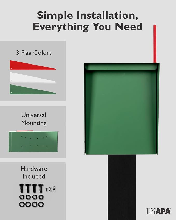 Ilyapa Modern Mailbox for Outside Post Mount - Green Powder Coated Metal Mailbox, Waterproof Letter Box for Parcels, with Recessed Magnetic Close Door