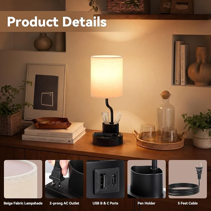 Bedside Lamps for Bedroom Set of 2 - Table Desk Lamp for Nightstand | 15" Table Lamp for Living Room with Pen Holder & Phone Stand, USB A+C Port, AC Outlet, 3 Color Temperature, LED Bulb Included