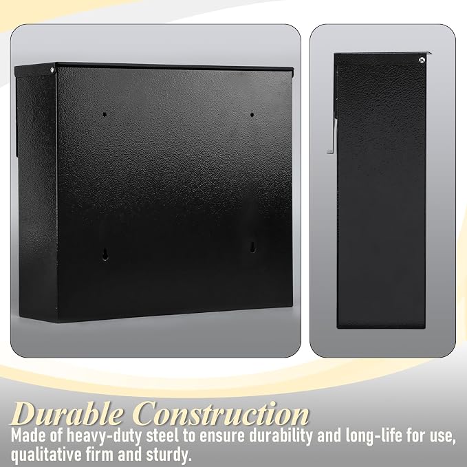 xydled Mailbox Wall Mount Mailboxes for Outside, Large Capacity Steel Hanging Metal Mailbox, Modern Post Box, Black,14.6''x12.2''x4.1''