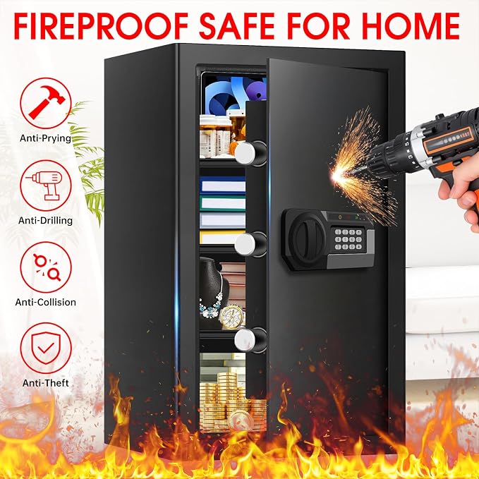 5.2 Cuft Large Home Safes Water and Fireproof, Digital Safes for Home Use Fire and Water Proof with Removable Shelves, Alarm System and Mute Function, Anti-Theft Fireproof Safe for Home Documents
