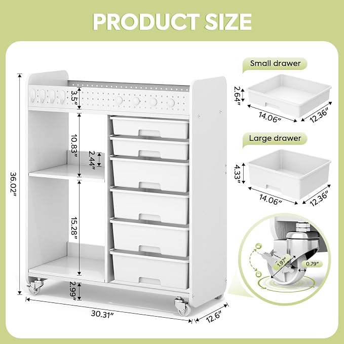 Rolling Craft Cart with 6 Drawers, Pegboard and Locking Wheels White | Ample multi-zone storage, 2 open shelves, art cart for classrooms, homeschool and offices, sturdy wood-metal frame