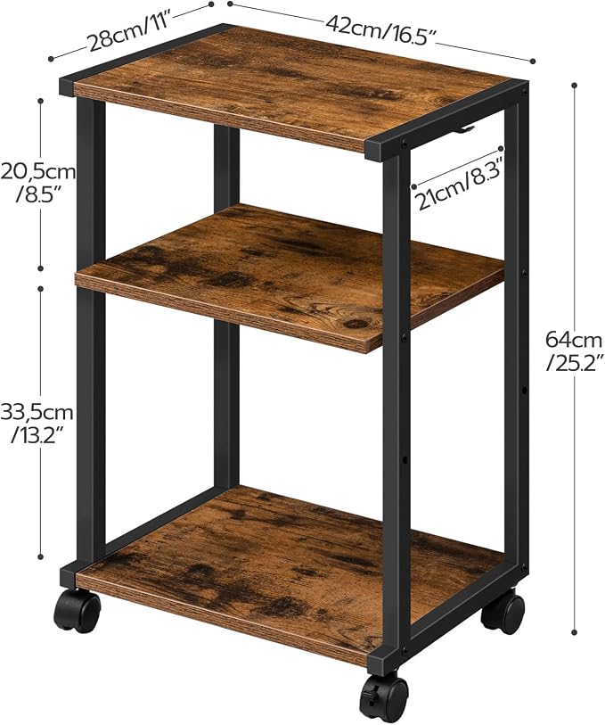 HOOBRO Mobile Printer Stand, 3-Tier Printer Cart Under Desk with Storage, Industrial Adjustable Rolling Cart, Sturdy Little Table on Wheels for Home Office BF28PS01