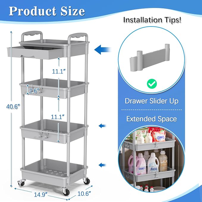 SUNALLY 4 Tier Rolling Cart with Drawer, Craft Storage Cart Organizer, Gray | Bathroom Storage Organizer with 2 Lockable Wheels, Rolling Utility Cart for Kitchen, Office, Baby, Makeup, Nail,Snack,Laundry