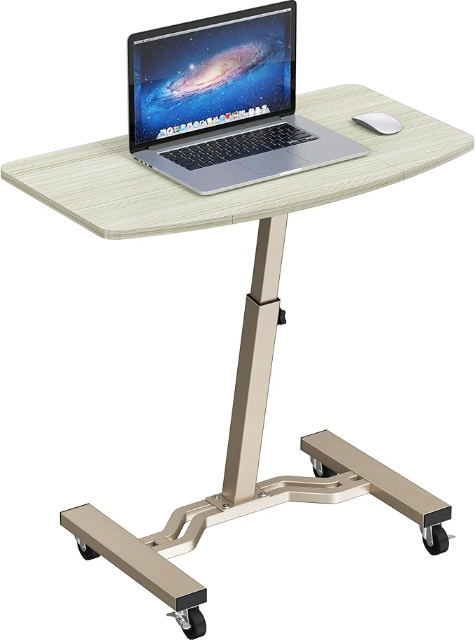 SHW Mobile Height Adjustable Laptop Rolling Cart w/Lockable Wheels, Maple | Height Adjustable from 28" to 33"