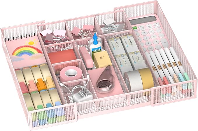 Expandable Desk Drawer Organizer Tray with 10 Adjustable Compartments, Metal Mesh Office Drawer Organizer, Versatile Desk Organizer for Home, School Supplies, Makeup Vanity & Jewelry (Pink)