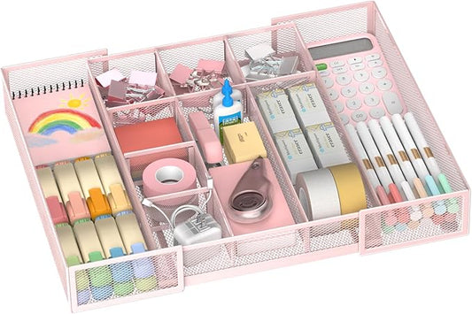 Expandable Desk Drawer Organizer Tray with 10 Adjustable Compartments, Metal Mesh Office Drawer Organizer, Versatile Desk Organizer for Home, School Supplies, Makeup Vanity & Jewelry (Pink)