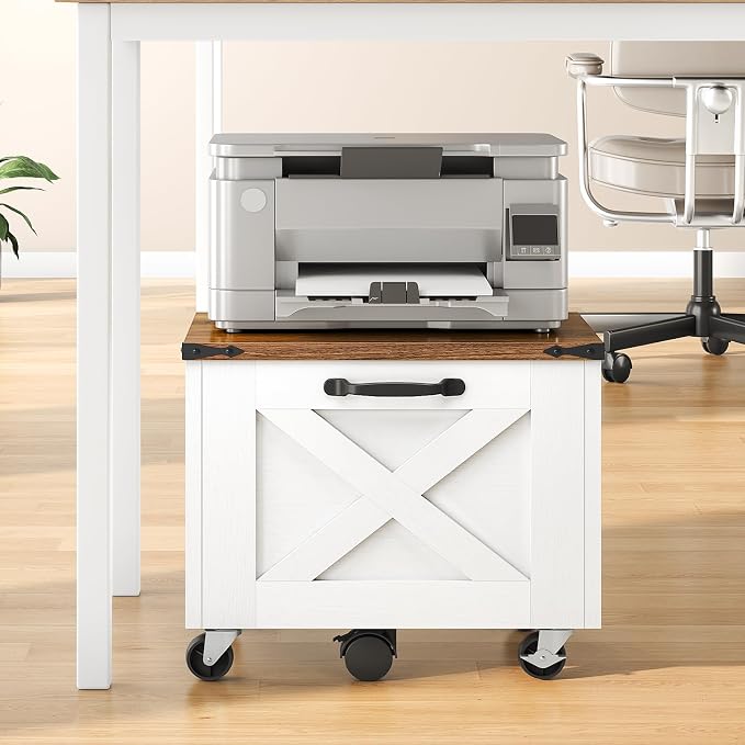 HOOBRO Farmhouse File Cabinet, Small Rolling File Cart Under Desk, 1-Drawer File Cabinet for Home Office, Printer Stand with Drawers, File Organizer Fits A4/Letter Size, White and Walnut, WH34WJ01