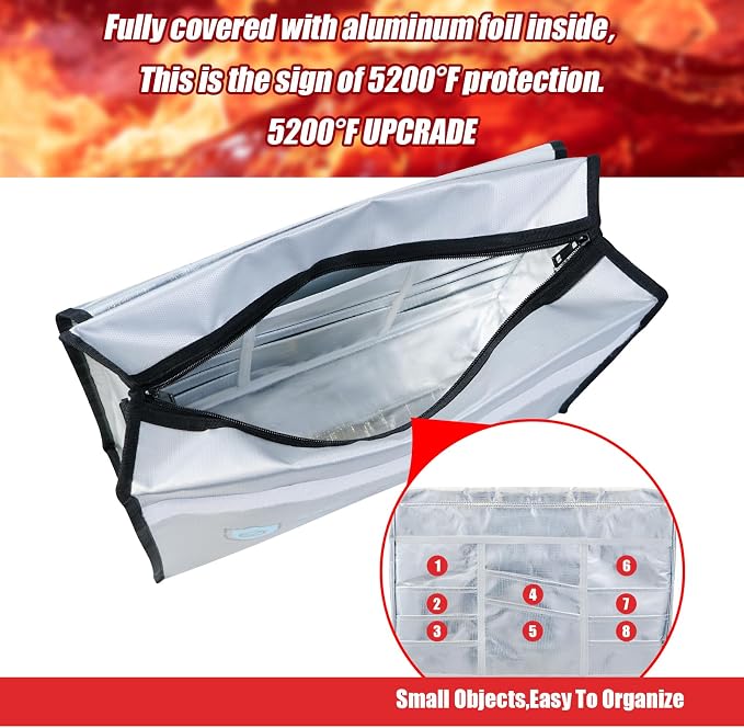 Fireproof Document Bag - Large (17" x 12" x 5.7") Fireproof Waterproof Document Bag,Legal Size Documents and Valuables, Heavy Duty Lightweight Briefcase for Home or Office(Silver）