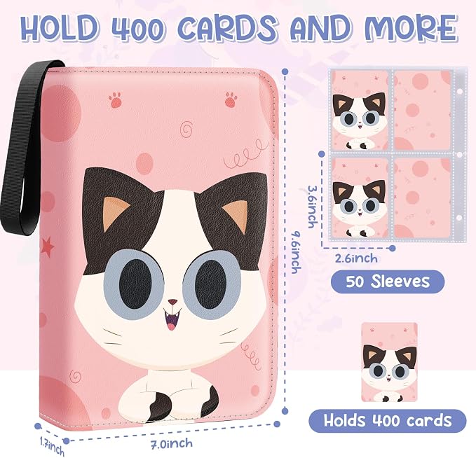 Premium 4 Pocket Trading Card Binder,400 Capacity with 50 Removable Sleeves | PU Leather Zipper Album Book for Sports Cards, Game | Card Storage & Organization for Girls Collector Orange Pink