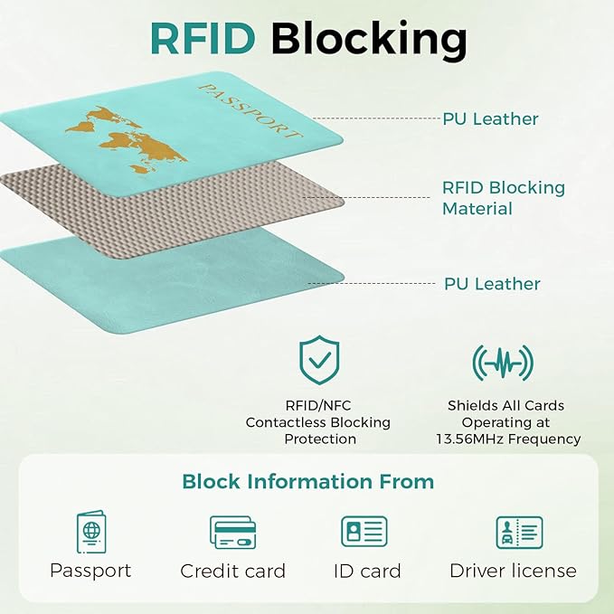 Passport Holder Travel Women Men, Passport Wallet with Airtag Slot, Blue | RFID Blocking PU Leather Passport Holder Cover Case with Card Holder, Pen Slot