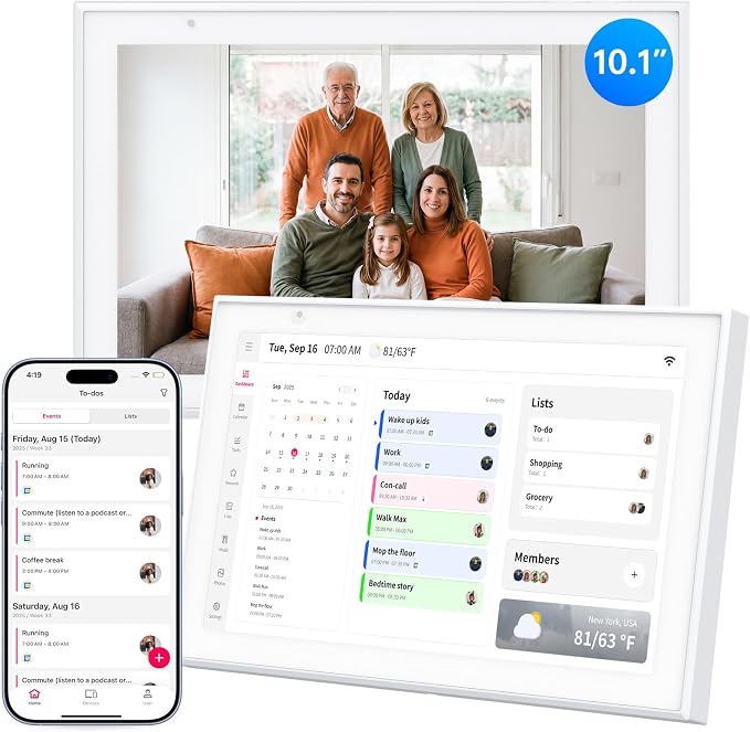 10.1-Inch Digital Calendar, Electronic Touchscreen Family Planner, White | Chore Chart, Shared Family Schedules, Meal Planner, Reward System, Reminders, Digital Photo Frame, Full HD IPS, 32GB