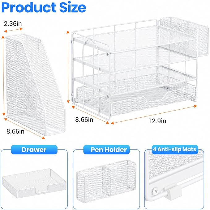 Desk Organizers and Accessories, 4-Tier Desktop File Organizer with Drawer and Pen Holders, Office Desk Accessories Workspace Organizers for Office Supplies (Soft White)