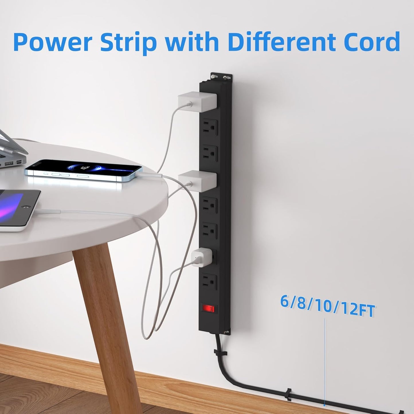 8 Outlet Metal Power Strip,6FT Long Extension Cord Heavy Duty Power Strip for Kitchen,Office,School,Commercial,Workshop,Industrial ETL Certified and Listed Socket,1825W/125V/15A,Black(6FT)