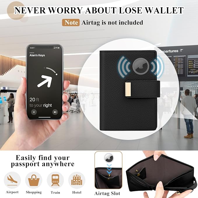 BKNOOU RFID Blocking Passport Holder with Airtag Slot- Leather Travel Passport Wallet for Women & Men, Slim Bifold Travel Passport Holder Holds Cards & Tickets & Cash (Black)