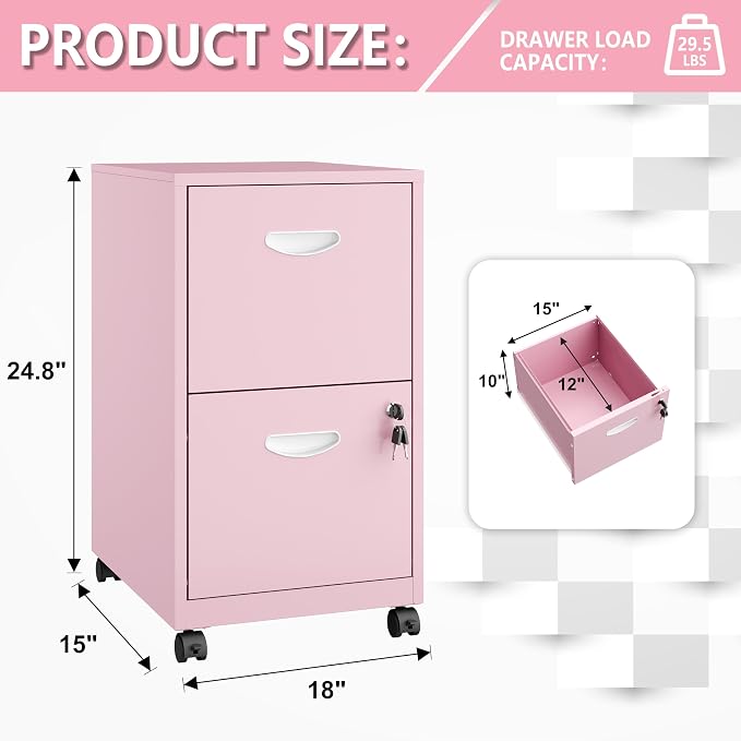 Polup 2 Drawer Rolling File Cabinet with Lock for Home Office | Metal Mobile Filing Cabinet on Wheels, Small Under Desk Storage, Fits Hanging Letter Size, Printer Stand, Pink