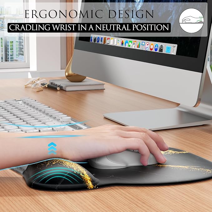 MROCO Ergonomic Mouse Pad with Gel Wrist Rest, 9.4 x 8.1 in, Black Gold | Ergonomic Shape Design, Multiple Pattern Options, Gel Wrist Comfort, Smooth Lycra Surface, Non-Slip PU Base