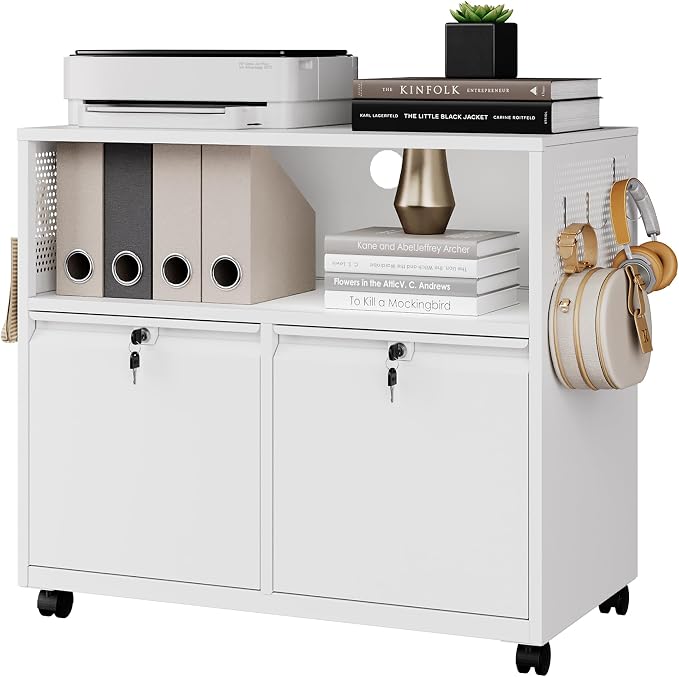 Mobile 2 Drawer File Cabinet with Lock, Metal Lateral Printer Stand Filing Storage Cabinets with Shelves for Home Office-A4/F4/Letter (White)