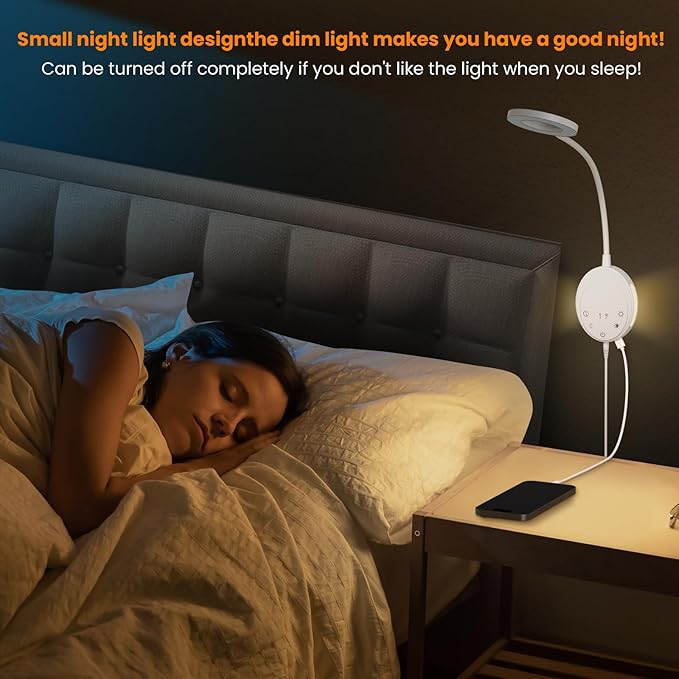 Wall Mounted Reading Light,Headboard Reading Lamp with 5 Color Temperature &5 Dimming,360°Flexible Gooseneck,USB Output, Night Light&Timer Function- Perfect for Reading in Bed (White 2 PCS)